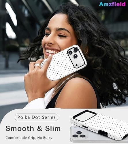 Amzfield Compatible with iPhone 15 Case Cute Polka Dot Aesthetic Retro Design for Women Girls Fall Simple Chic Girly Pretty Dual Layer Hybrid Protection Elegant Case for iPhone 17 Pro-White thumbnail 6