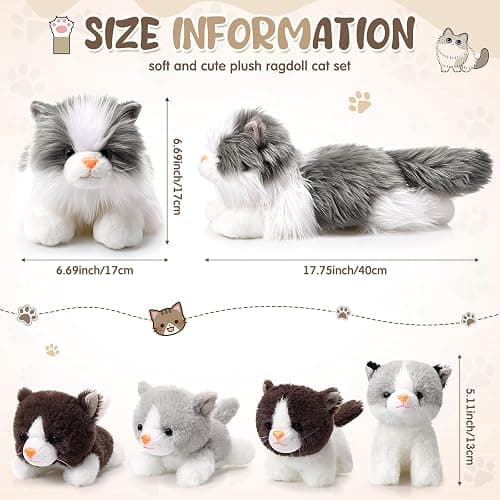 HyDren 5 Pcs Realistic Ragdoll Cat Stuffed Animal, 17.75 Inches Large Ragdoll Cat Mommy Plush with 4 Cute Babies Soft Plush Kittens Set for Girls Boys Birthday Party Favors(Grey) thumbnail 3