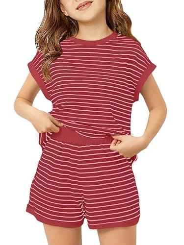 Haloumoning Girls 2 Piece Lounge Set Kids Striped Knit Short Sleeve T-Shirts Elastic Waist Shorts Casual Summer Clothing Sets - Image 1