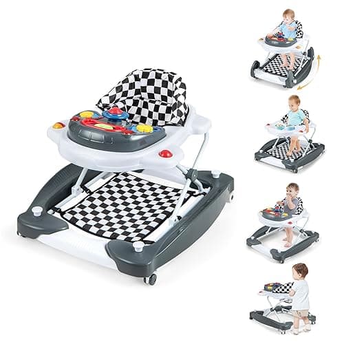 BABY JOY 6-in-1 Baby Walker, Foldable Baby Walker with Wheels, Adjustable Height, Music, Lights, Bouncer & Rocker Mode, Baby Walkers for Boys Girls 6-14 Months (Gray) - Gray