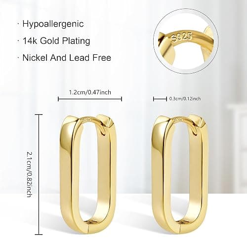 925 Sterling Silver Hoop Earrings for Women Small Square Hypoallergenic 14K Gold Plated Hoop Earrings Geometric Minimalist Rectangle Hoops thumbnail 4