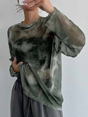 Verdusa Women's Y2k Tie Dye Sheer Mesh Top Long Sleeve Oversized Rave Streetwear Tops Whimsical Clothes thumbnail 3