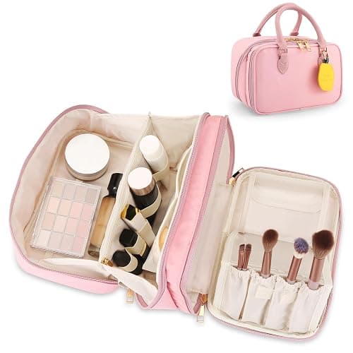 Travel Makeup Bag for Women Fashion Large Capacity Pouch Open Flat Cosmetic Portable Organizer Waterproof Large Opening Storage Toiletry Bags Vertical Free-Standing Brush Holder for Easy Access Pink - Image 1