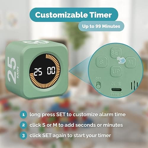 KADAMS Pomodoro Cube Timer Productivity Visual Timer - 5/10/25/50 Min Rotating Countdown (1, Green) thumbnail 6