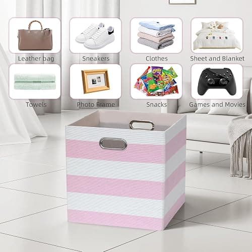 11 x 11 x 11 Inch Linen Stripe Storage Cubes for Home Organizing, Pack of 4 | Collapsible Fabric Bins with Handles, Striped Boxes for Office Wardrobe Closet Shelf Organizing thumbnail 6