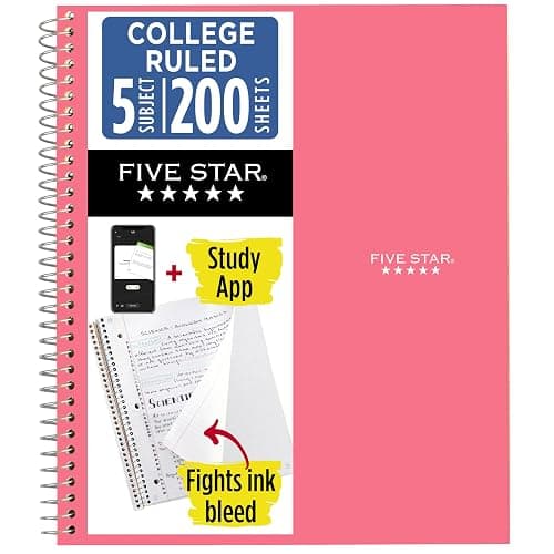 Five Star Spiral Notebook + Study App, 5 Subject, College Ruled Paper, 8-1/2" x 11", 200 Sheets, Fights Ink Bleed, Water Resistant Cover, Prom Pink (820004R) - Image 1