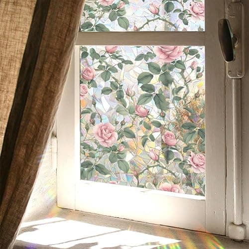 JOONOR Sichtschutzfolie mit rosafarbenen Rosen, 3D-Buntglas-Rose, Regenbogen-Fensteraufkleber, Nicht klebend, statisch haftend für Zuhause, Büro, 42 x 100 cm thumbnail 5