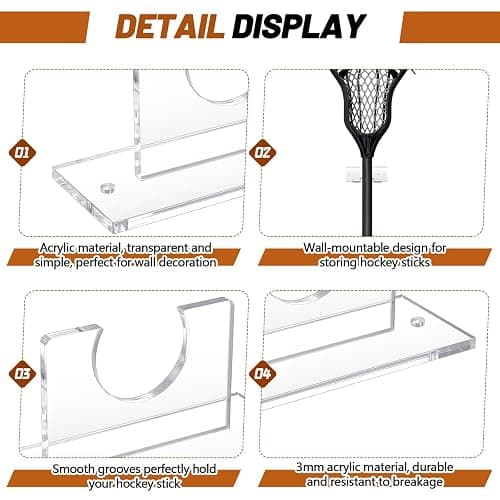 AceOrbit 1 Pcs Lacrosse Stick Wall Mount, Acrylic Standard Size Hockey Stick Wall Mount Ice Hockey Organizer Display Holder for Player's Room, Garage, Locker Space or Home Office (Clear) thumbnail 4