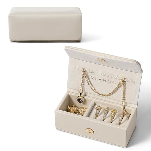 Vlando Small Jewelry Box, Mini Jewelry case for Rings Necklace Earrings, Portable Jewelry Storage Organizer with Magnetic Switch,Birthday,Christmas Gift for her - Cream White - Image 1