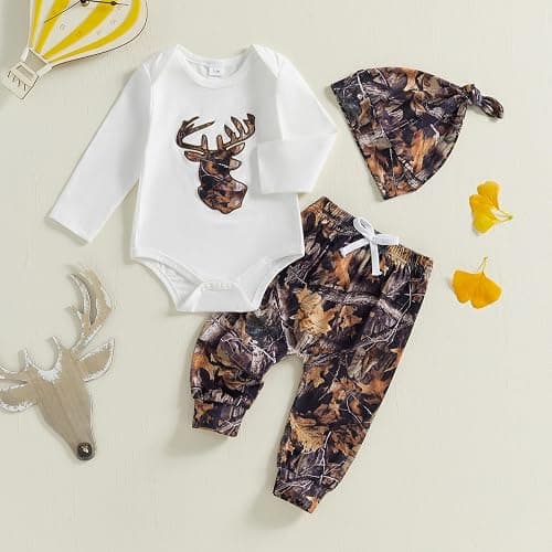 DSOKUHIB Newborn Baby Boy Hunting Outfit Deer Mallard Duck Romper Jungle Camo Pants Set Hat 3 Piece Fall Winter Clothes thumbnail 2