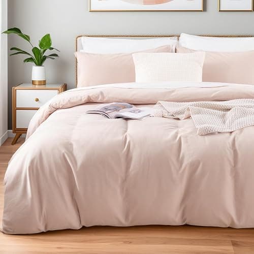 NEXHOME PRO Duvet Cover Set 100% Washed Cotton Full Size Linen Feel Textured Organic Natural 3 Pieces Bedding Set Greyish Light Pink with Zipper Closure and Corner Ties, Breathable(No Comforter) - Image 1