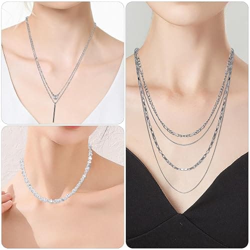 34 Pcs Silver Jewelry Set for Women Layered Bracelets Ball Dangle Hoop Earrings Stackable Knuckle Rings Set Dainty Adjustable Necklaces Valentine Anniversary Trendy Party Costume Accessories Jewelry thumbnail 4