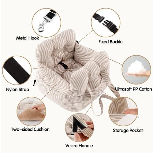 PETNEX Dog Car Seat for Small Dogs, Portable Puppy Car Seat of Easy Installation, Fashionable Pet Carrier Bag with Large Pockets, Machine Washable Dog Booster Seat (Striped Khaki) thumbnail 5