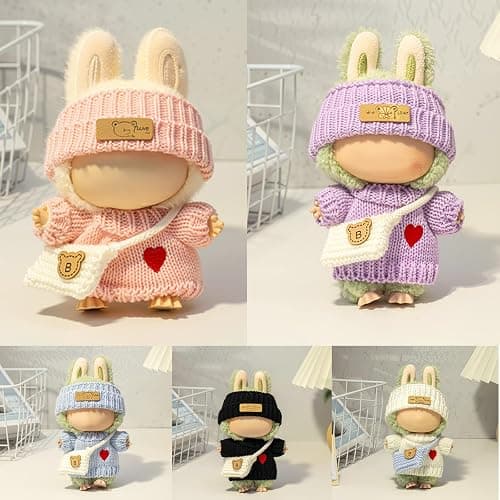 Clothes for LABUBU Doll (NO Doll), 3-Piece Handcrafted Crochet Accessories for LABUBU 17cm Dolls, Premium Outfits for LABUBU Unique Dress up - Heart Sweater + Hat + Bag (Pink) thumbnail 4