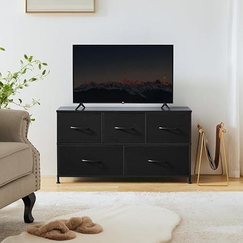 OLIXIS Dresser for Bedroom with 5 Drawers, Wide Chest of Drawers, Fabric Bedroom Dresser with Drawer Organizer, Storage Organizer Unit with Fabric Bins for Closet, Living Room, Hallway, Classic Black - Classic Black - 11.9"D x 38"W x 20.9"H (5 Drawers) thumbnail 2