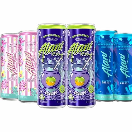 New Alani Energy Drinks Witch's Brew, Cotton Candy, Breezeberry - Limited Edition Flavors - Variety Pack, Sugar-Free, Low-Calorie, 200mg Caffeine, Energy Boost Drink 12 fl oz (Pack of 6) - Image 1