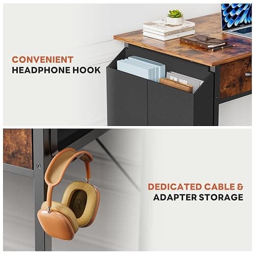DUMOS 32" Home Office Computer Desk with Drawers, Small Gaming Writing Study Table with Storage Side Bag, Headphone Hook and Adjustable Feet for Bedroom Rustic Brown thumbnail 7