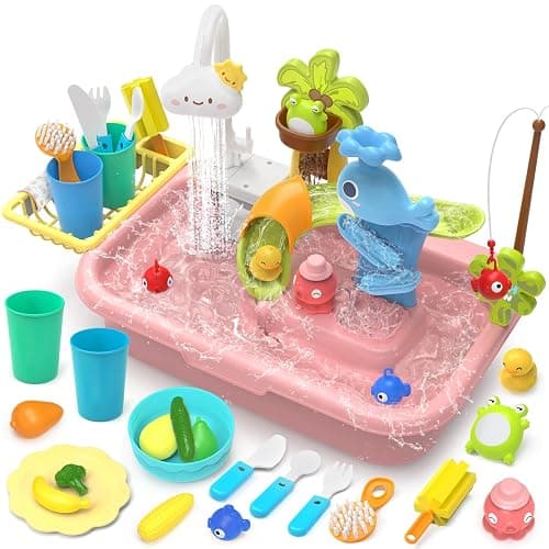 Play Sink with Running Water, 4-in-1 Kids Kitchen Sink Toys with Electric Faucet, Water Table Floating Pool Toy w/Fishing Game, Duck Slide, Pretend Play Dishwasher Set for Toddler Boys Girls (Pink) - Image 1