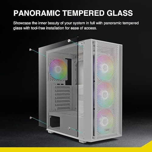 GAMDIAS White ATX Mid Tower Gaming Computer PC Case with Side Tempered Glass, Preinstalled 4X 120mm ARGB Fans, Support Up to 6X 120mm Fans, 360mm AIO/Radiator, 340mm GPU/VGA, 160mm CPU Air Cooler thumbnail 7