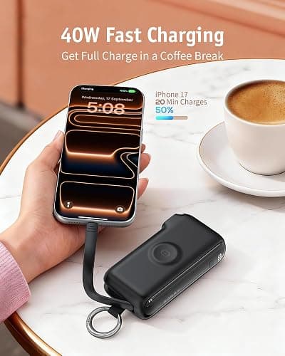 RORRY Flow Portable Charger 10000mAh 40W Wall Plug Power Bank Battery Pack | Built-in USB-C Cable, Keychain Design, Fast Charging, for iPhone 18 Pro/17/16/15, Apple Watch, iPad, Travel Essential thumbnail 3