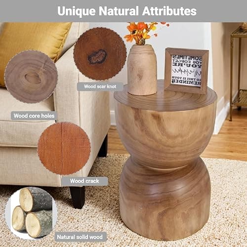 Small Wooden Side Table, 15.75" H Hand Carved Rustic Tree Stump End Table, Natural Paulownia Wood Compact Round Coffee Table, Mini Indoor Outdoor Wood Stool for Living Room, Bedroom, Patio, Garden - 230046N thumbnail 3
