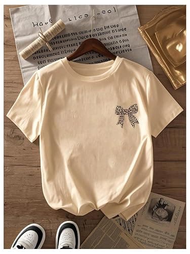 RoseSeek Girl's Bow Leopard Graphic Tees Short Sleeve Preppy Summer T Shirt Aesthetic Baggy Tops thumbnail 2