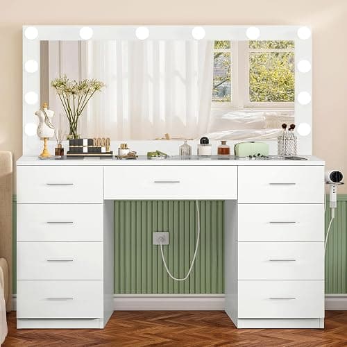 FIONESO Vanity Desk with Glass Top & Lights Mirror, 3 Adjustable Lighting Color, Makeup Vanity with 9 Drawers and 12 LED Lights, Dressing Table for Bedroom, Vanity for Girls, White - Image 1