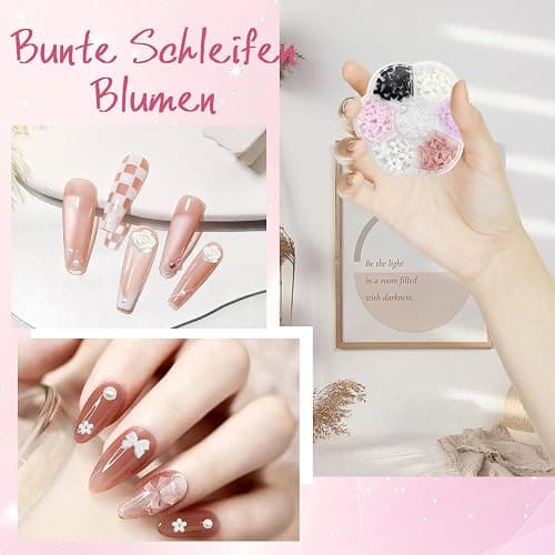 VEGCOO Nail Art Dekoration, 3 Teile Nail Charms 3D Rosa Weiße Schleife Blume Nagelsticker Blumen Gepaart Mit Perlen Nagel Steine Zum Heimwerken Charms Nägel Lifting Nail Art Charms thumbnail 4