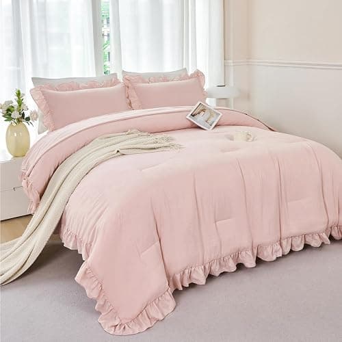 ANGIYUIN Blush Pink Comforter Sets Twin Size 5 Pieces Ruffle Bed in A Bag Farmhouse Bedding Sets Solid Color Soft Fluffy Bed Sets for Kids Girls（Blush Pink Twin） thumbnail 3