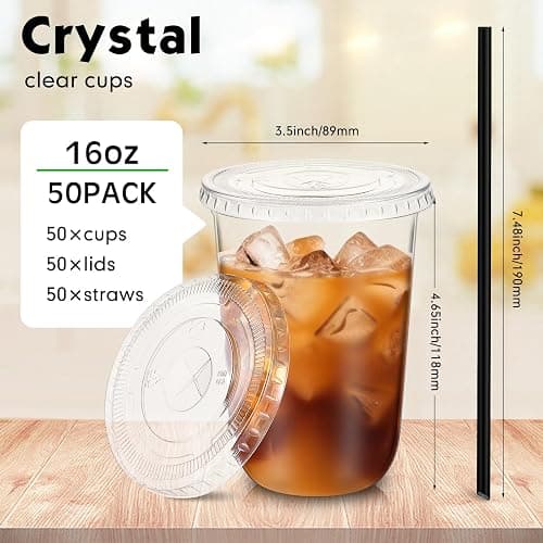 Ziliny 50 Set Clear Plastic Cups with Lids and Straws, PET Disposable Iced Coffee Cups for Drinking Cold Beverage Juice Parfait Smoothie Milkshake Shop Party Supplies (Clear Cup,Black Straw,16 oz) thumbnail 3