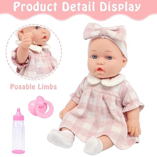 12″ Baby Doll Classic Checkered Dress & 6-Piece Accessories Gift Box Packaged – Soft Realistic Lifelike Baby Dolls for Toddlers & Little Girls thumbnail 5