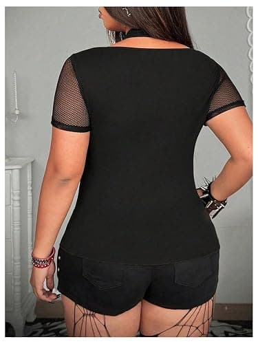 SHENHE Women's Plus Size Fishnet T Shirts Cutout Short Sleeve Punk Tees | Grunge, Clubwear Concert Outfit,Halter Neck,Streetwear Tops thumbnail 3