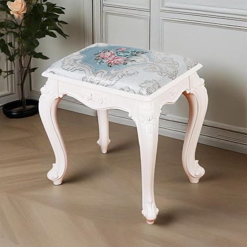 DJHVJS 17 in Vanity Stool, Modern Elegant Makeup Chair with Embroidered Concave Seat Surface, Lightweight PVC Vanity Chair, Capacity 300lb, Assembles in Minutes(White, 5.7lb) thumbnail 7
