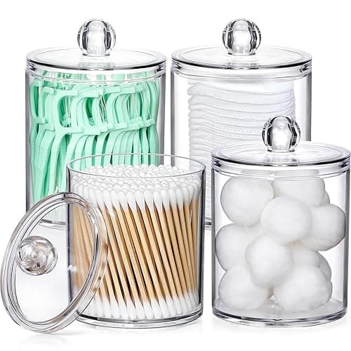 4 Pack Acrylic Qtip Holder Dispenser for Cotton Swabs, Balls, Pads, Floss Picks- Small Clear Plastic Canister Apothecary Jar Set, Bathroom Essentials Accessories Decor, Vanity Makeup Storage Organizer - Image 1