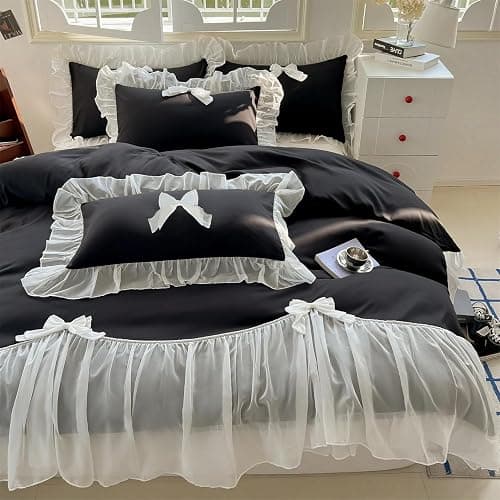 SOUKECHY Girls Lace Bedding,Queen Comforter Cover Set, Chic Ruffled Duvet Cover with Lovely Bow,Princess Style 1 Duvet Cover with 1 Pillowcases, No Comforter-Black,Twin Size thumbnail 3