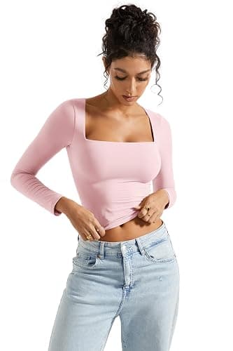SUUKSESS Women Square Neck Long Sleeve Tops Double Lined Going Out T Shirts thumbnail 2