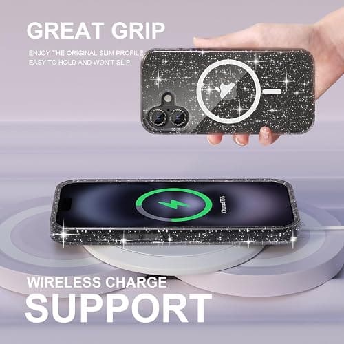 Choiche for iPhone 16 Plus Case Compatible with MagSafe, Glitter Black | Women Girly Cute Glitter Sparkly Magnetic Phone Case with Diamond Camera Lens Protectors, Military-Grade Drop Protection 6.7" thumbnail 6