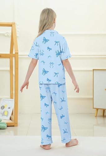 Umeyda Girls Pajamas Set Button Down Notch Collar Soft Short Sleeve Pjs Set with Long Pant Set Lounge Set thumbnail 5