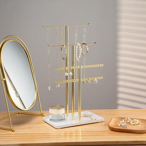 pickpiff Jewelry Stand Holder Organizer: 14.5" Sturdy Hanger for 80 Pcs Jewelry, Jewlery Tower for Display Necklace, Earring, Bracelet, Watch, Mirrored Gold thumbnail 3