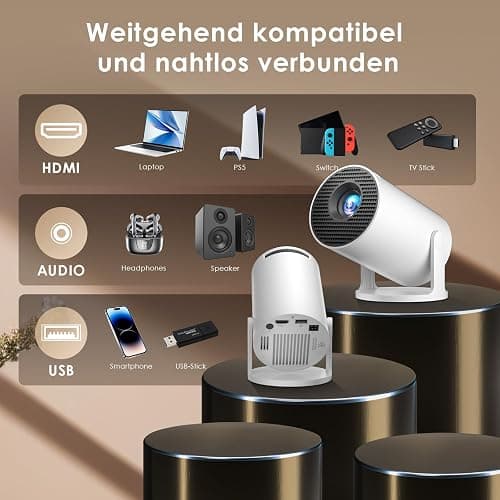 Salange Mini Beamer 2026,4K Unterstützt Smart Projektor Android 14, Tragbarer mit WiFi 6 und Bluetooth 5.4 Auto Keystone, Klein Handy Beamer Heimkino Outdoor,270°Dreh kompatibel,Weiß thumbnail 7