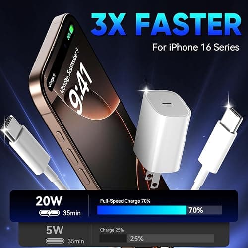 iPhone 16 15 Pro Charger Fast Charging, 20W USB C Fast Charger Block with 10ft Long Type C Chargers Fast Charging Cable Cord for iPhone 16/16 Pro/16 Pro Max/16 Plus 15/15 Pro/15 Pro Max, S24 Ultra thumbnail 3
