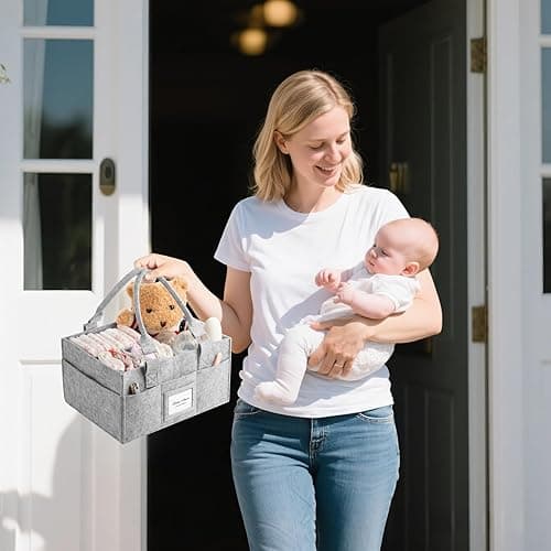 PaoveFor Diaper Caddy Organizer, Newborn Essetials Must Haves, Baby Registry Search and Other Baby Stuff, Collapsible Baby Basket with Handle and a Photo Frame, Grey, 11.8 x 6.3 x 9.0 inch - 11.8 x 6.3 x 9.0 inch thumbnail 2