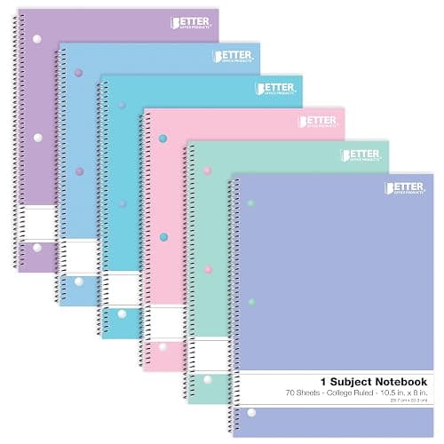 Better Office Products Spiral Notebooks, 6 Pack, 1 Subject, 70 Sheets, 10.5 x 8 inches, 6 Assorted Pastel Colors (College Ruled) - Image 1