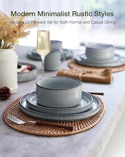 Famiware Star 12-Piece Stoneware Dinnerware Sets for 4, Reactive Glaze Plates and Bowls, Modern Rustic Dishes for Everyday & Formal Use, Chip/Scratch Resistant, Microwave/Dishwasher Safe, Smoky Blue thumbnail 2