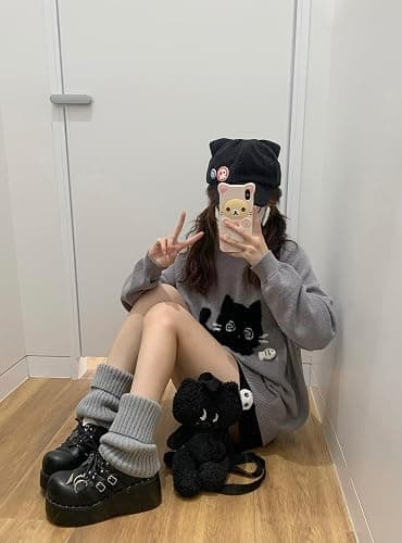 Y2K Kawaii Knit Cute Cat Print Casual Long Sleeve Crew Neck Oversize Pullovers Sweaters for Women thumbnail 4