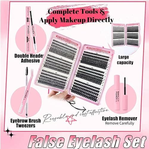 FANDIQ Cluster Lashes Kit with Lash Glue&Remover 40D+50D+60D+80D+100D+120D | 560pcs,Fluffy Volume ,Tweezers,Brush,Individual Eyelashes Kit 8-16mm D Curl Strip Lashes for Everyday Wear Beginner Friendly thumbnail 2