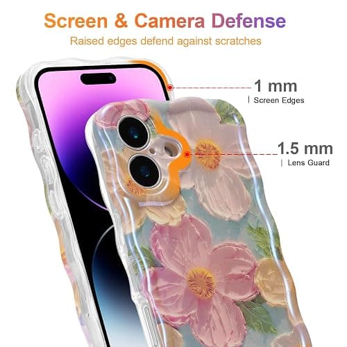 EYZUTAK Case for iPhone 16, Colorful Retro Oil Painting Printed Flower Laser Glossy Pattern Cute Curly Wave Edge Exquisite Phone Cover Stylish Durable TPU Protective Case for Girl Women-Green - iPhone 16 - Green thumbnail 4