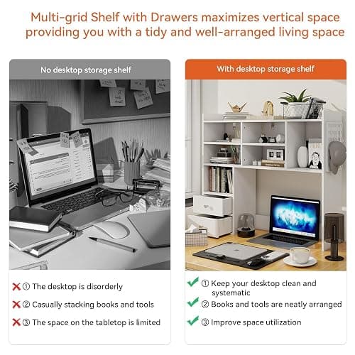 ELECWISH Desktop Bookshelf, Desk Shelf with 2 Drawers for Computer Desk, 36.22" 7-Tier Adjustable Desktop Hutch Organizer with Pegboard for Home Office, White thumbnail 8