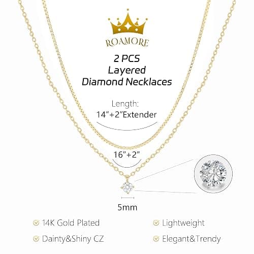 ROAMORE 2 PCS Layered Necklaces For Women 14K Gold Plated Stackable Chain Choker Dainty Silver Layering Necklace Cubic Zirconia Pendant Set Simple Jewelry thumbnail 4