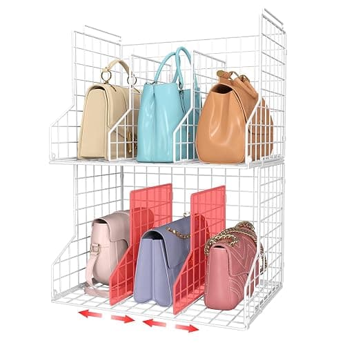 Sonyabecca Purse Storage Organizer for Closet : Adjustable 2-Pack Dividers Handbag Organizer - Stackable Wire Handbags Storage Baskets -Open Cabinets Wallets Tote Chain Bags Clutches -White - Image 1